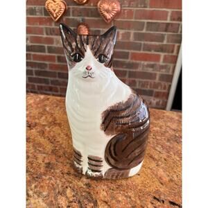 Vintage HS Gustin USA Pottery  Flat Tabby Wirehair Cat Hand Painted Statue
